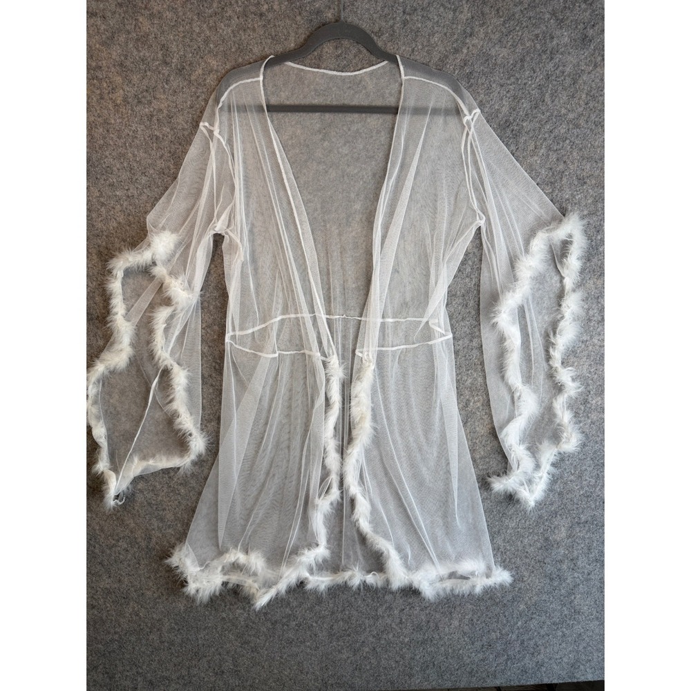 Sheer Mesh Feather Trim Robe Top M White Boa Bridal Lingerie Angel Fairy Costume